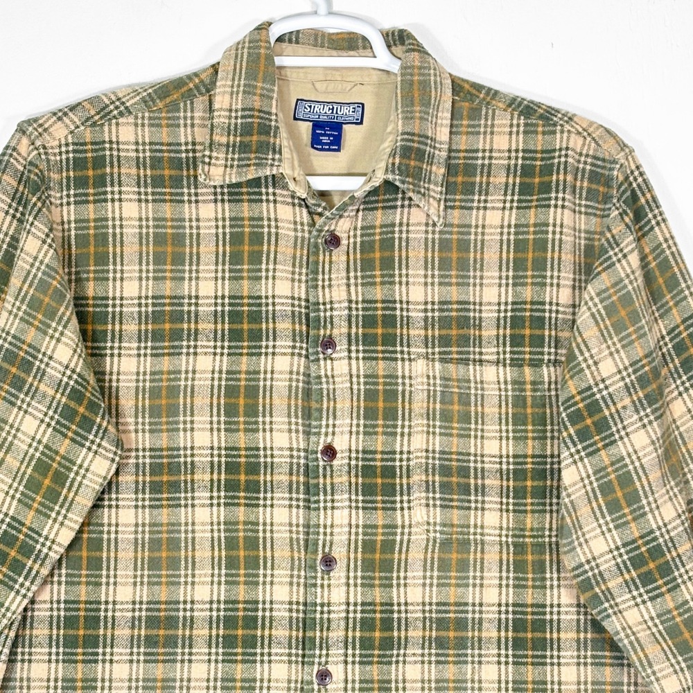 VTG 90s Structure Plaid Flannel Shirt Mens M Neutral Green Cotton Gorpcore